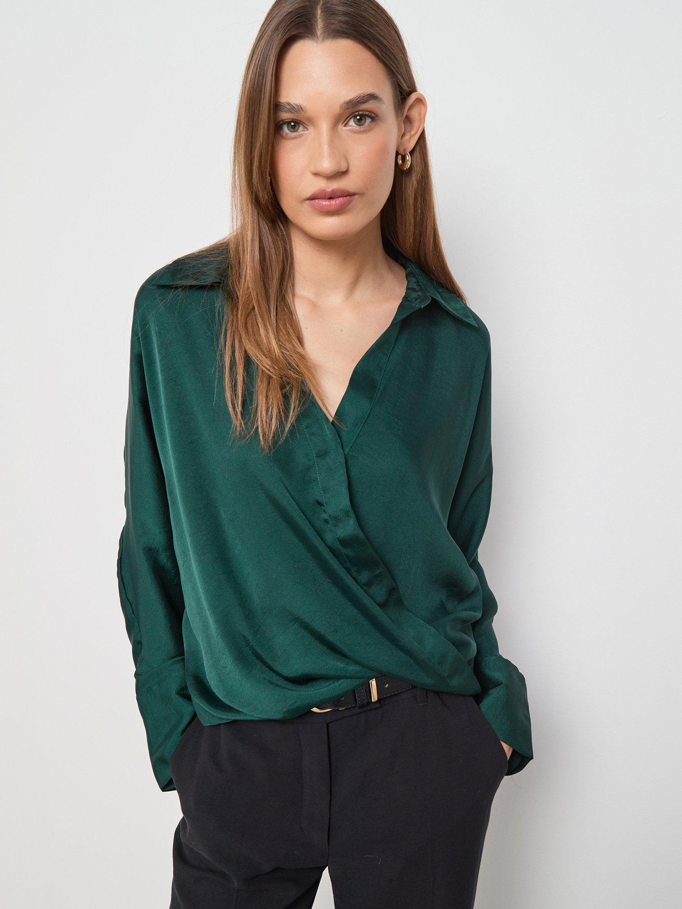 Mango Cross-Over Satin Blouse - Green