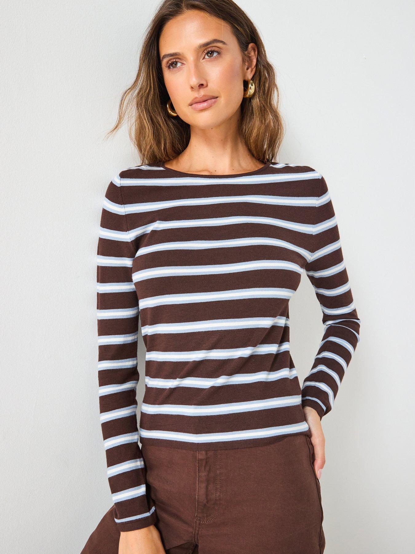 Mango Striped Fine Knit Sweater - Brown