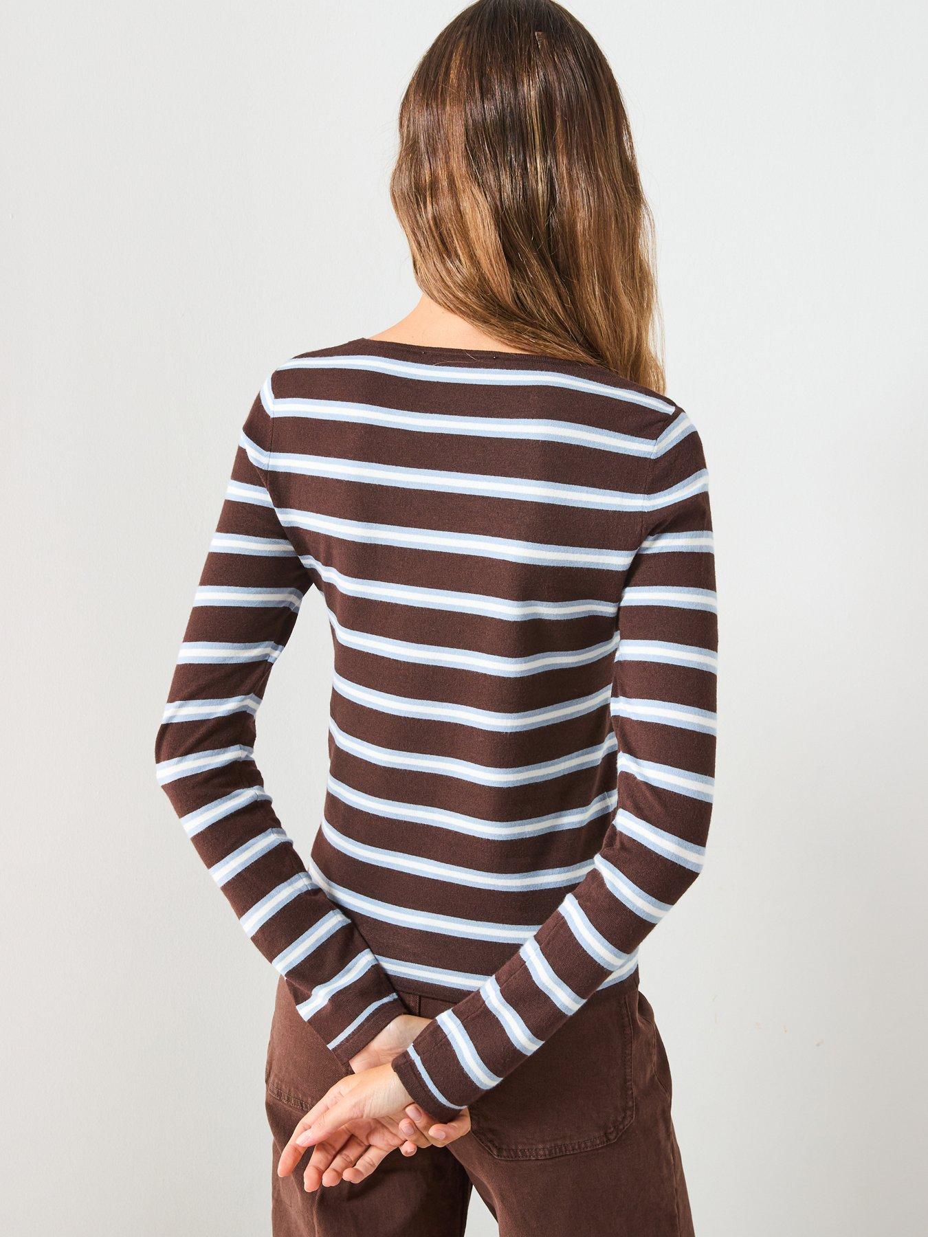Image 2 of 6 of Mango Striped Fine Knit Sweater - Brown
