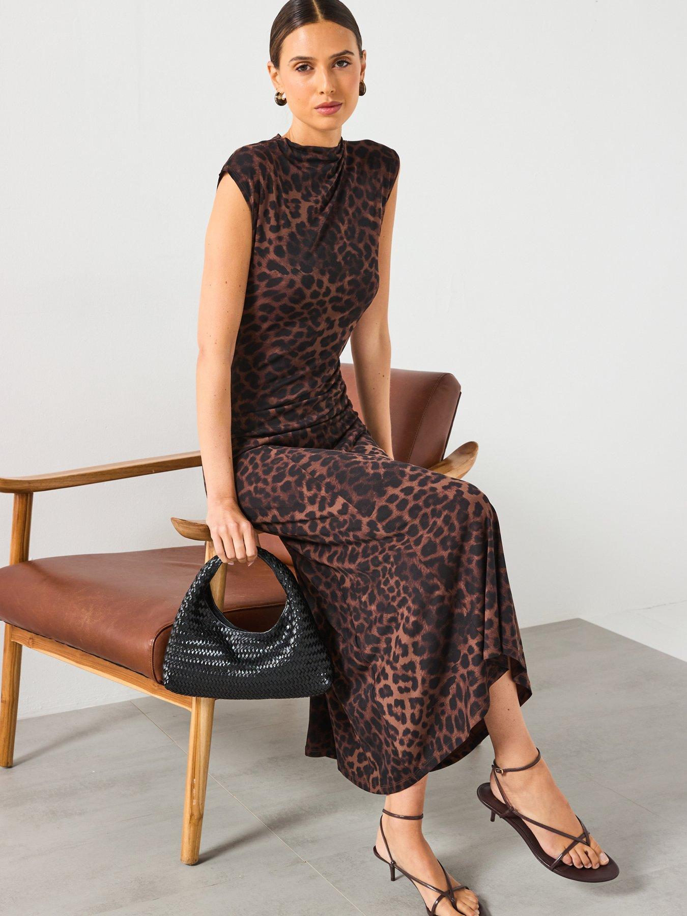 Mango Leopard Print Fitted Dress - Brown