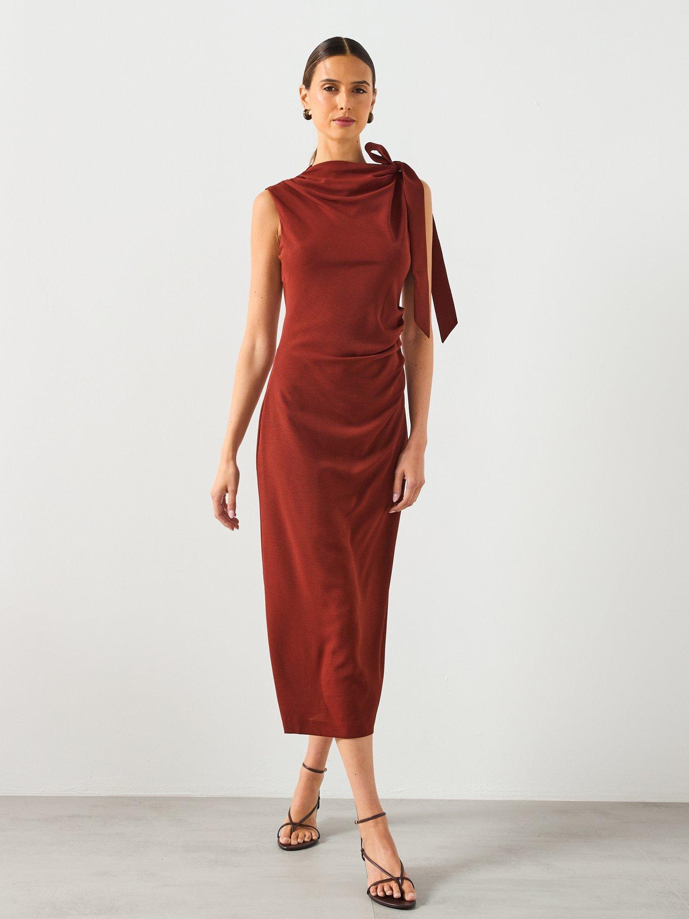 Image 3 of 6 of Mango Ruched Dress With Knot Detail - Brown
