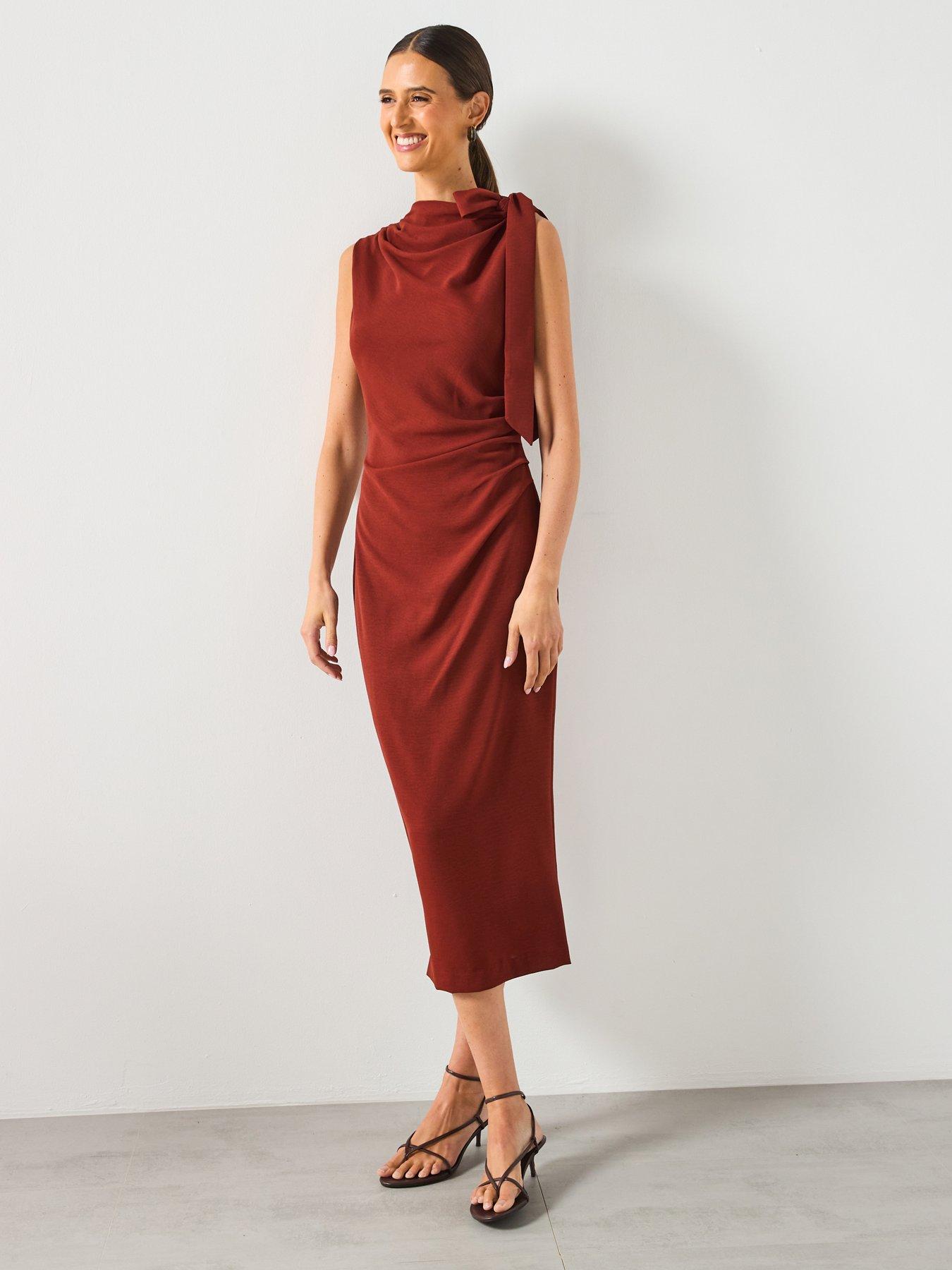 Image 6 of 6 of Mango Ruched Dress With Knot Detail - Brown