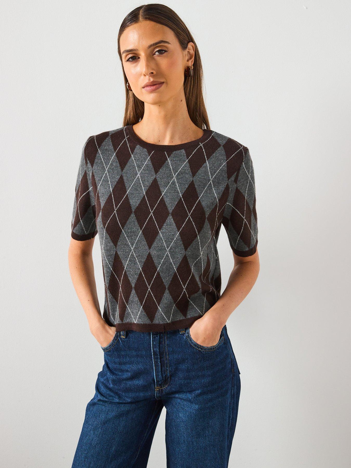Image 1 of 6 of Mango Short Sleeved Argyle Sweater - Grey