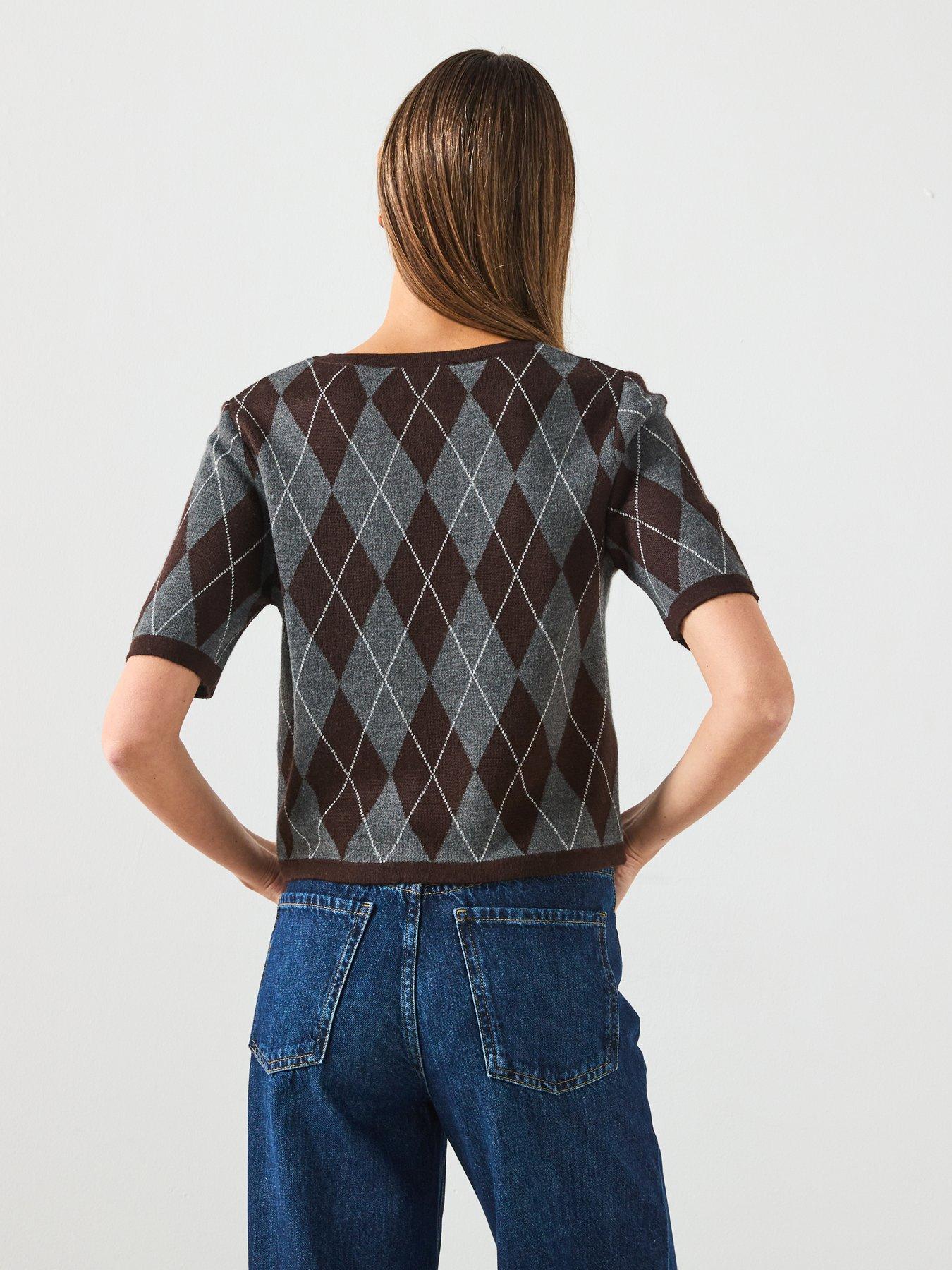 Image 2 of 6 of Mango Short Sleeved Argyle Sweater - Grey