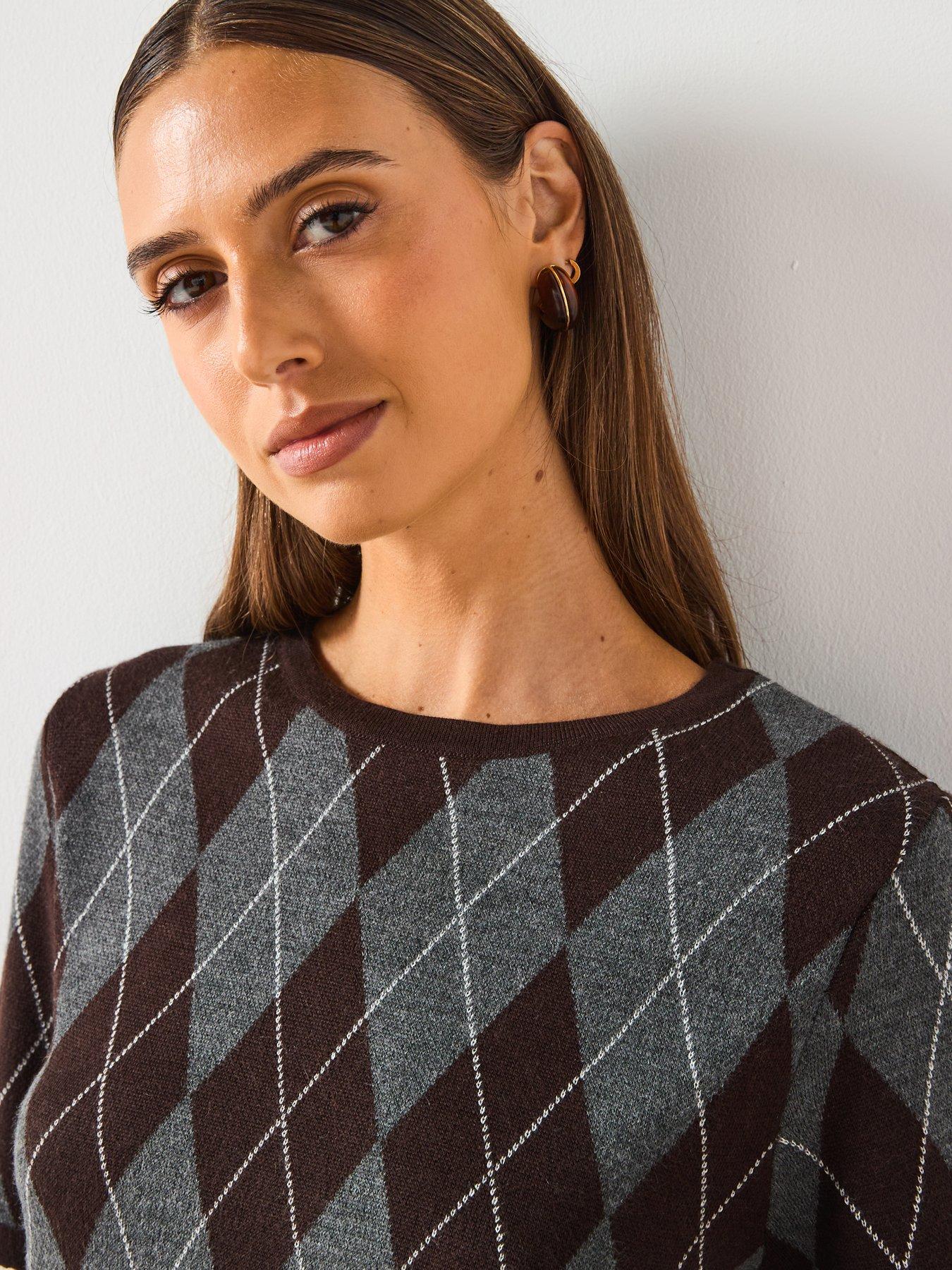 Image 4 of 6 of Mango Short Sleeved Argyle Sweater - Grey