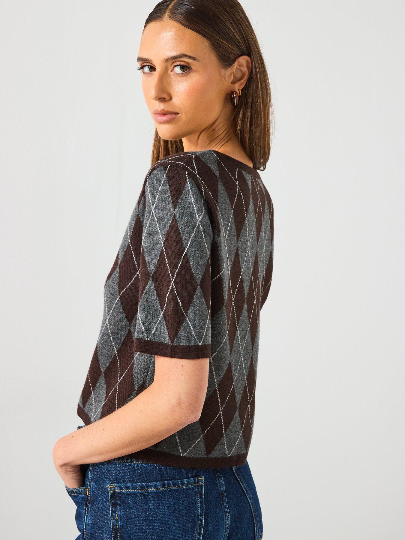Image 5 of 6 of Mango Short Sleeved Argyle Sweater - Grey