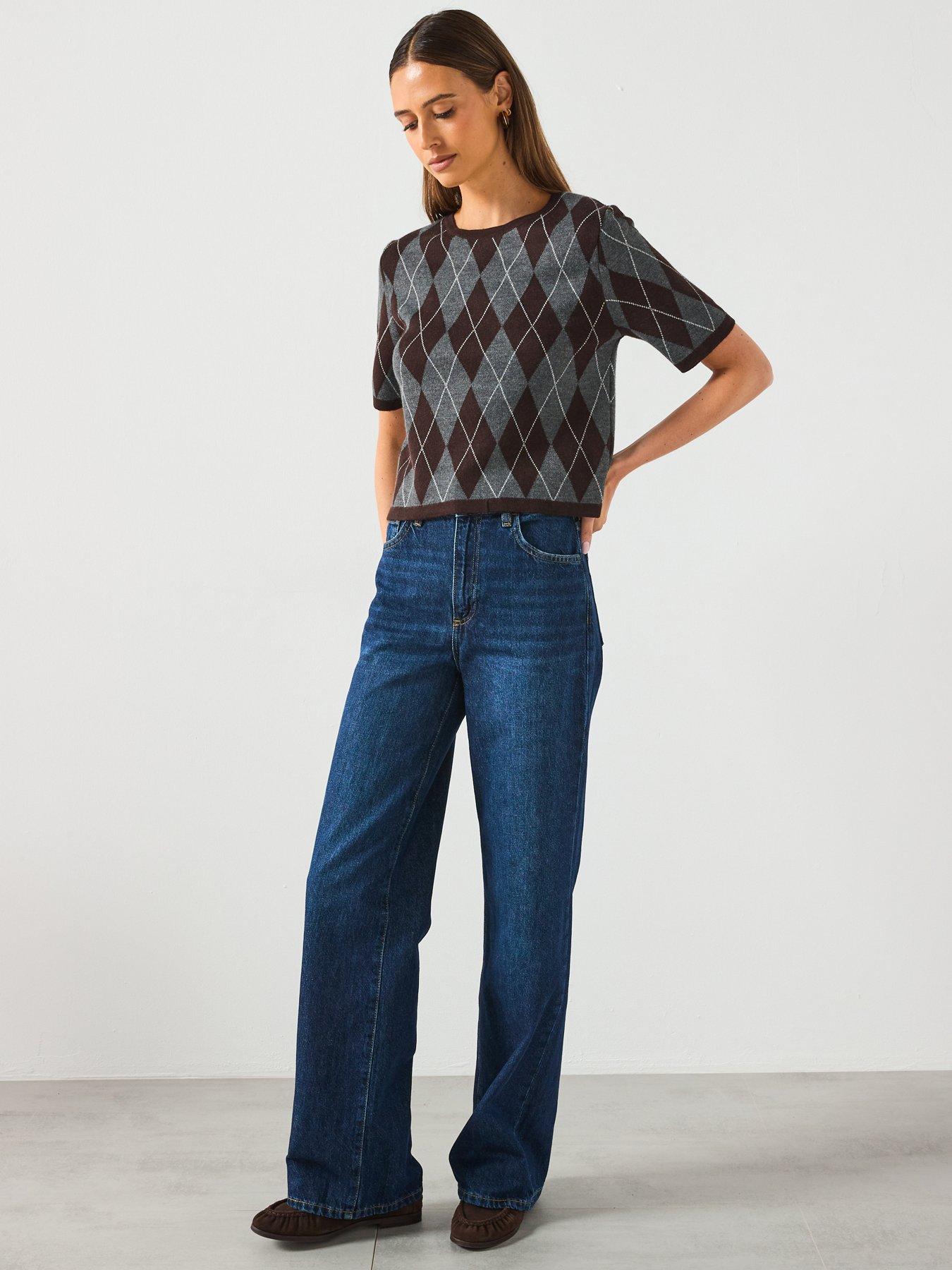 Image 6 of 6 of Mango Short Sleeved Argyle Sweater - Grey