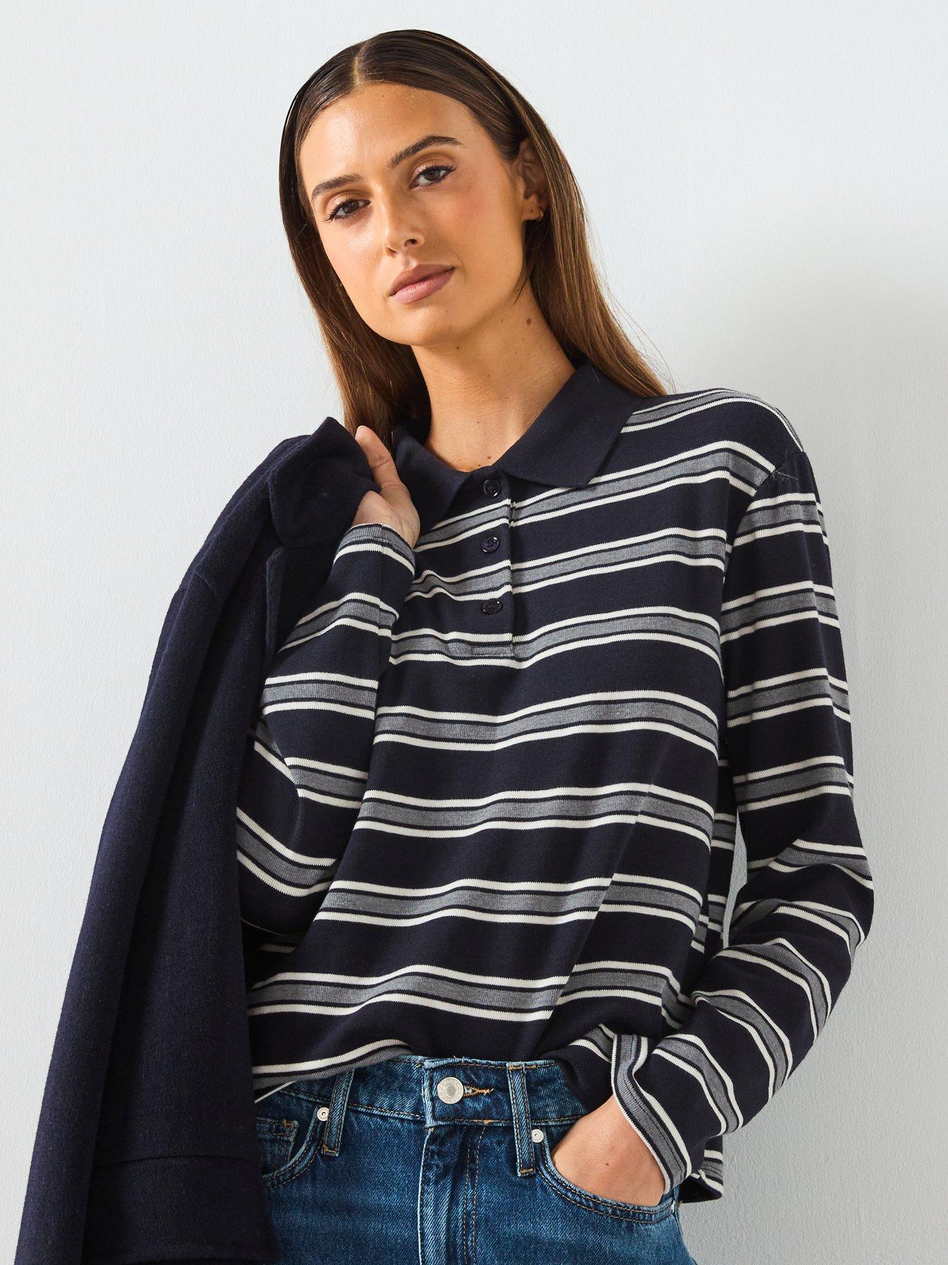 Mango Striped Polo Neck T-Shirt - Navy