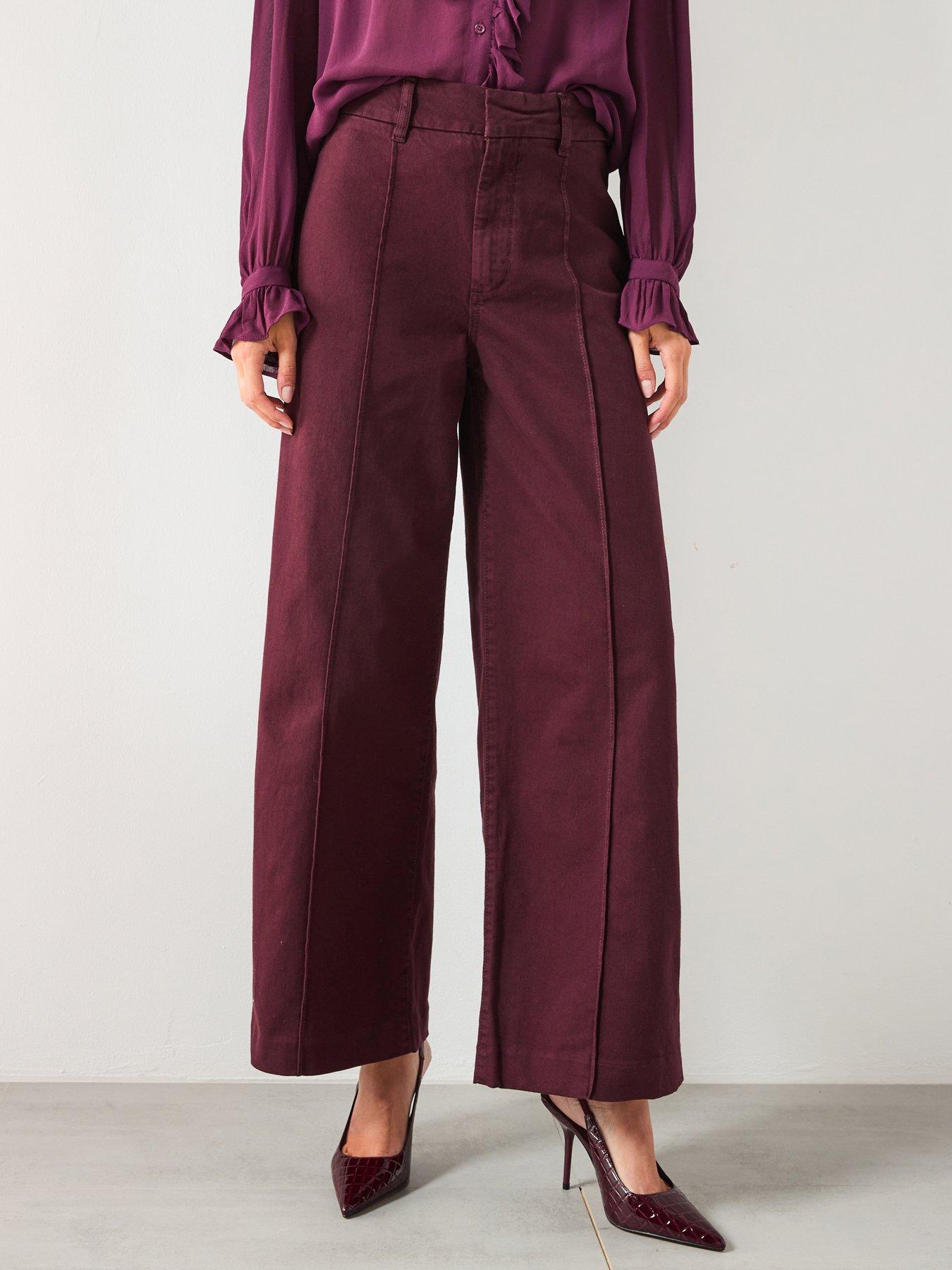 Image 1 of 5 of Mango Paloma High Waisted Wide Leg Jeans With Stitching - Dark Red