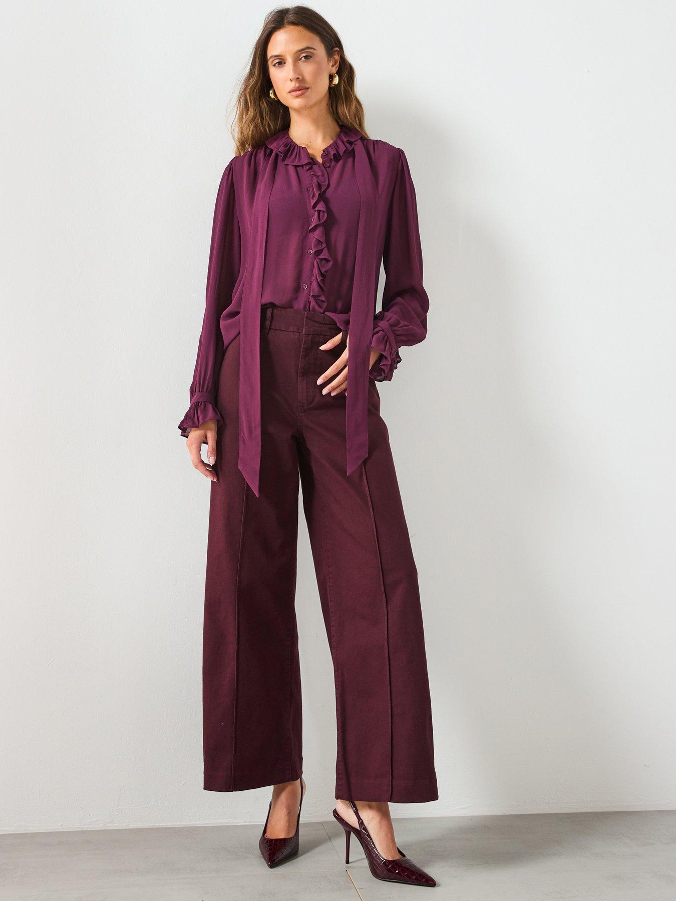 Image 3 of 5 of Mango Paloma High Waisted Wide Leg Jeans With Stitching - Dark Red