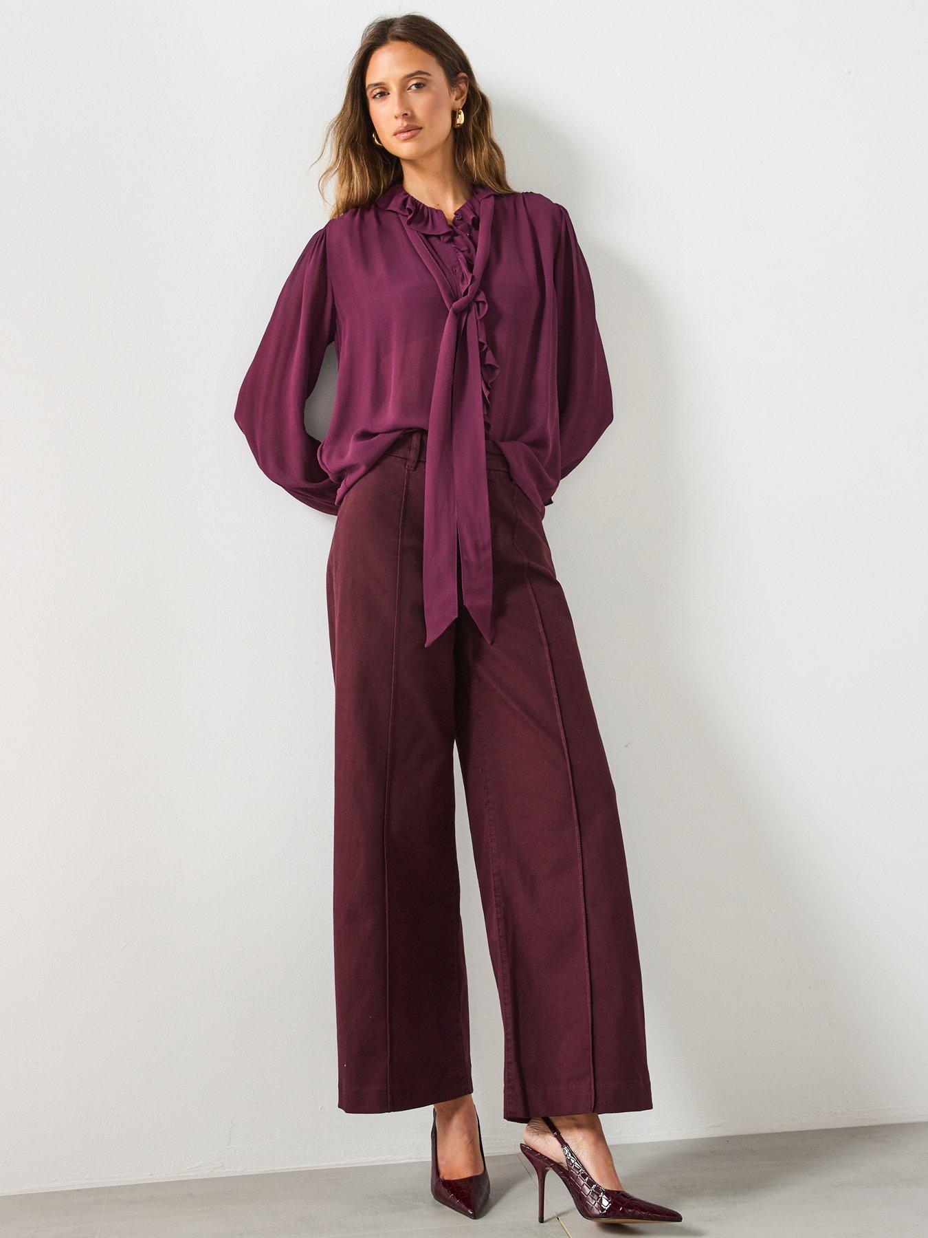 Image 5 of 5 of Mango Paloma High Waisted Wide Leg Jeans With Stitching - Dark Red