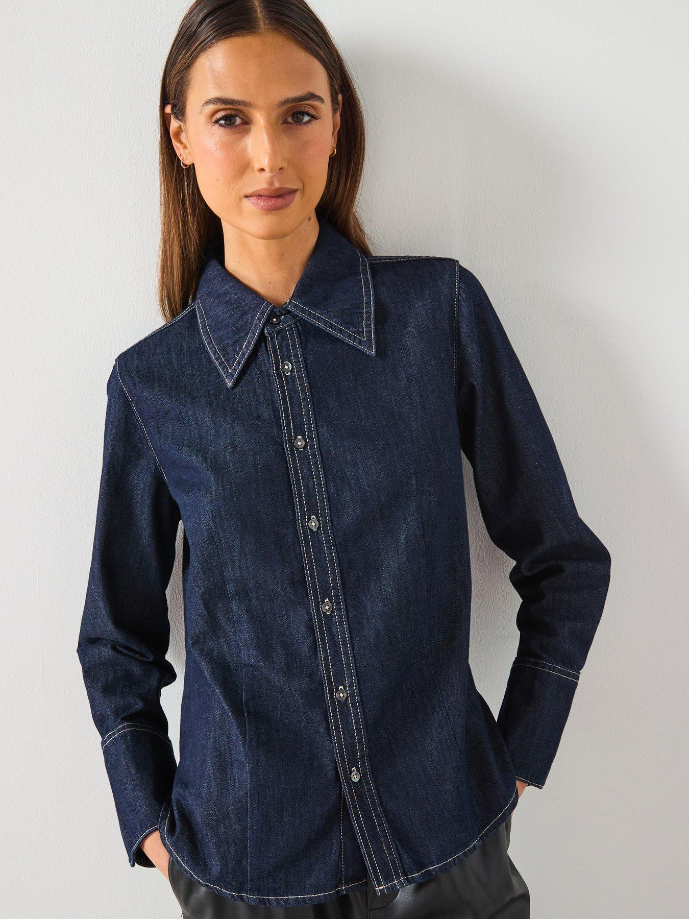 Image 1 of 6 of Mango Denim Shirt With Seams - Blue