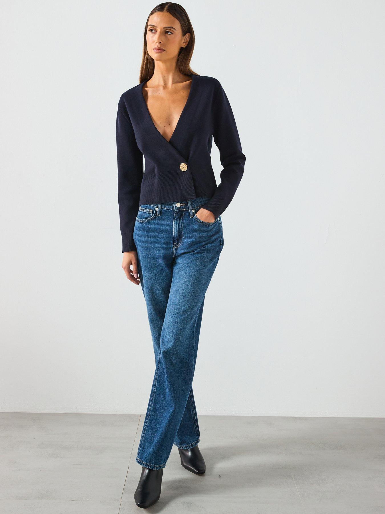 Image 3 of 6 of Mango Cross Over Cardigan With Jewel Button - Navy