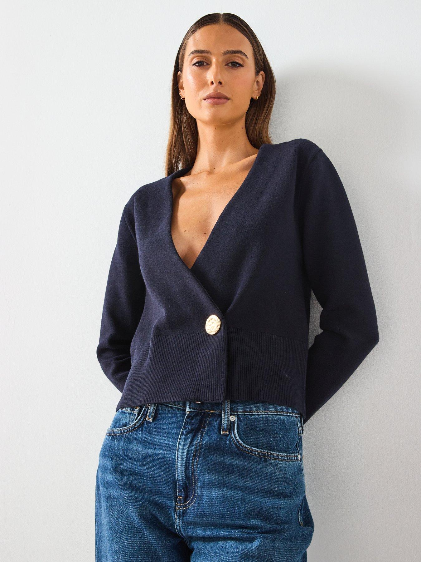 Image 6 of 6 of Mango Cross Over Cardigan With Jewel Button - Navy