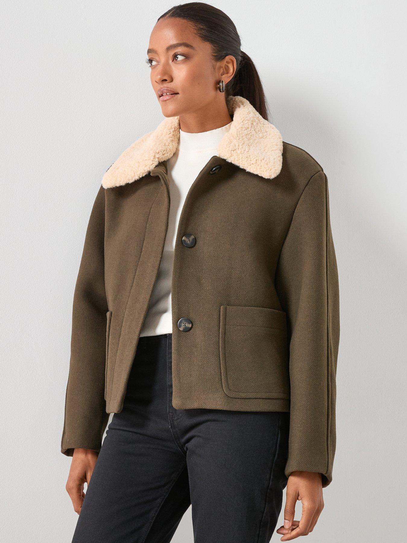 Mango Wool Blend Jacket With Sheepskin Collar - Khaki