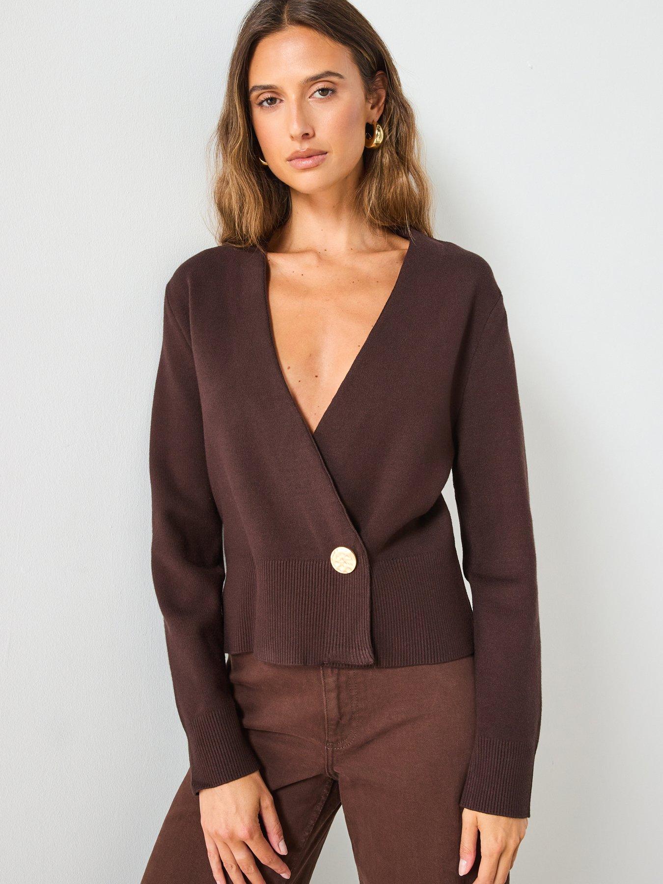 Mango Cross Over Cardigan With Jewel Button - Brown