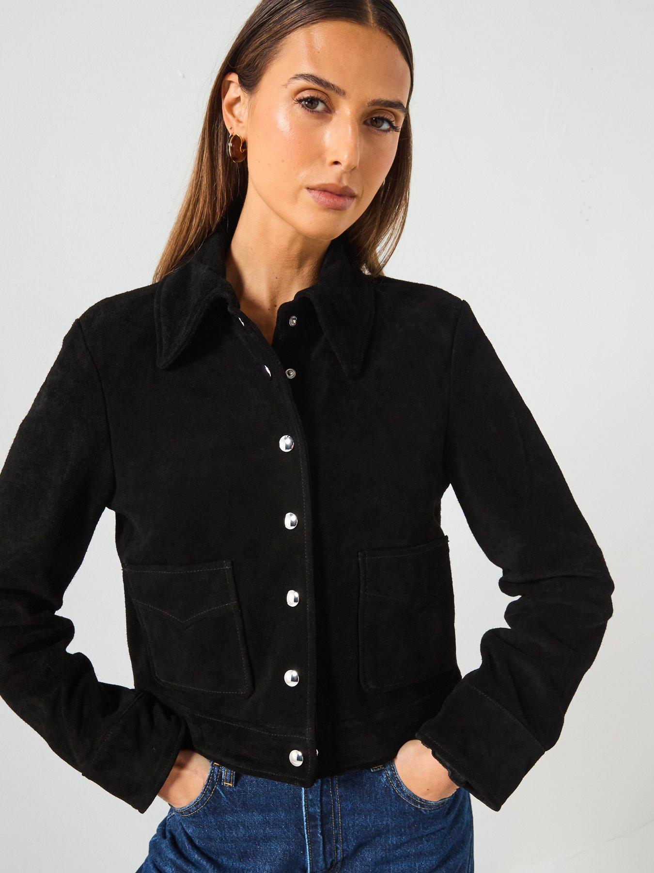 Mango: Suede Leather Jacket With Buttons - Black
