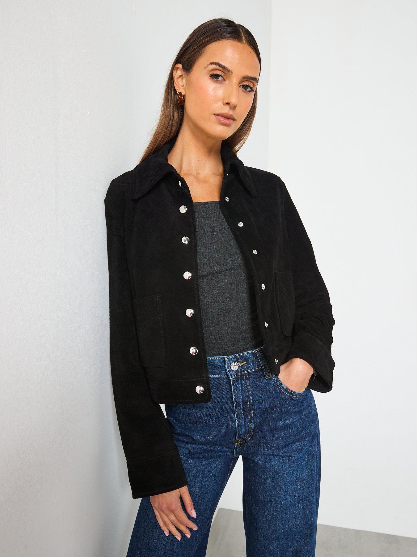 Image 4 of 6 of Mango Suede Leather Jacket With Buttons - Black
