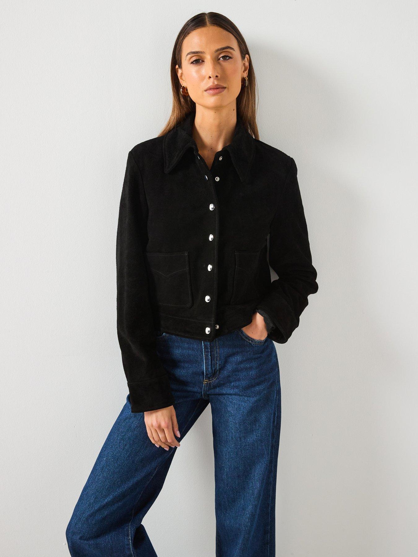 Image 5 of 6 of Mango Suede Leather Jacket With Buttons - Black