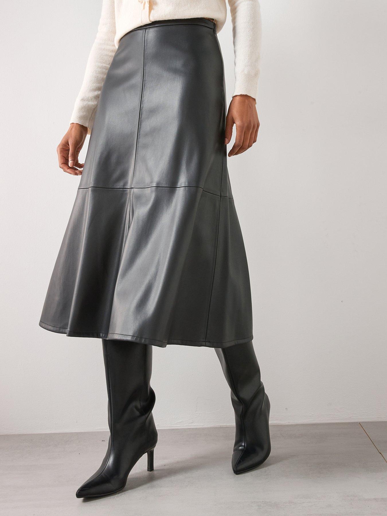 Mango Leather Effect Midi Skirt - Black