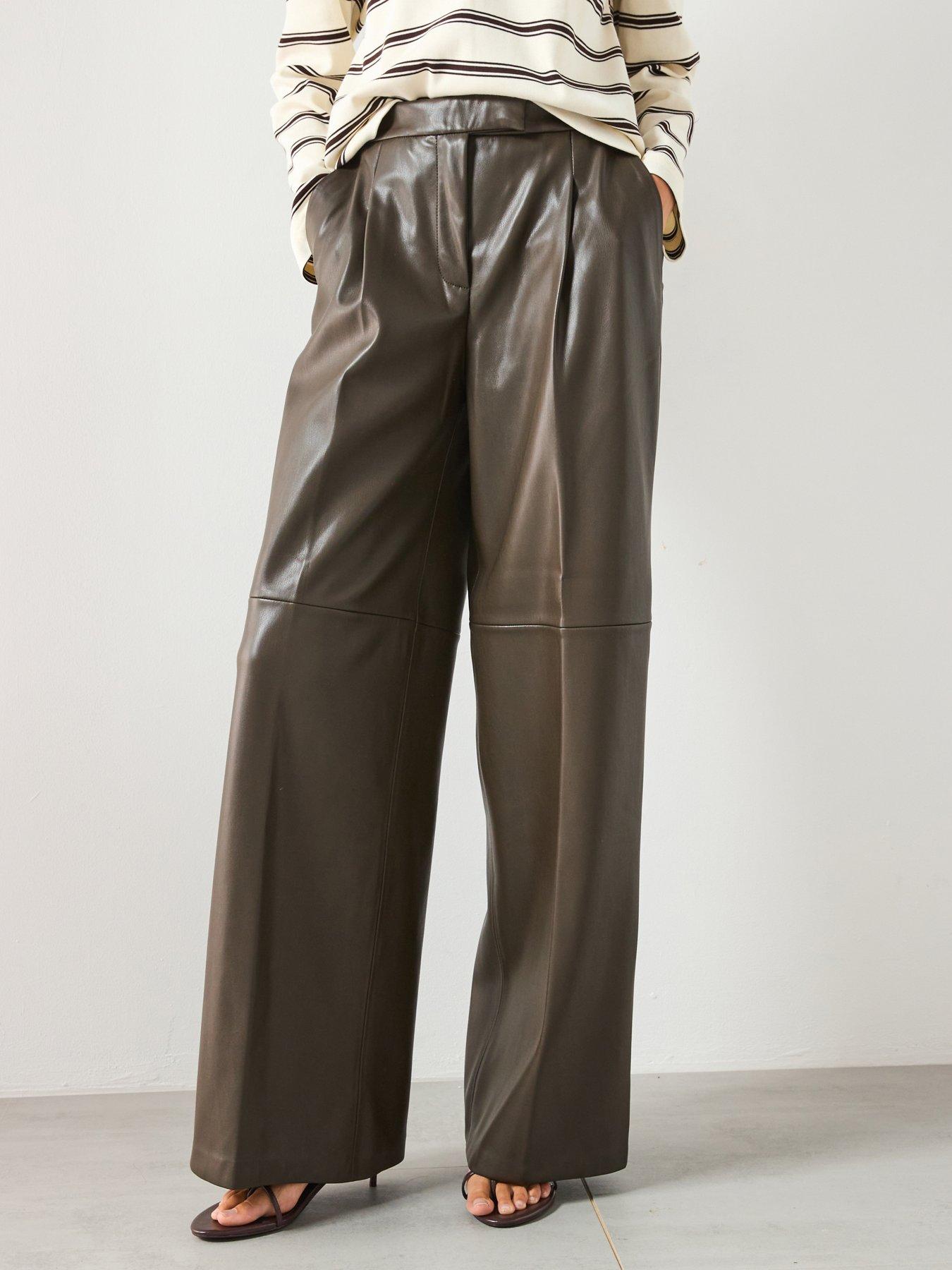 Image 1 of 5 of Mango Leather Effect Wide Leg Trousers - Khaki