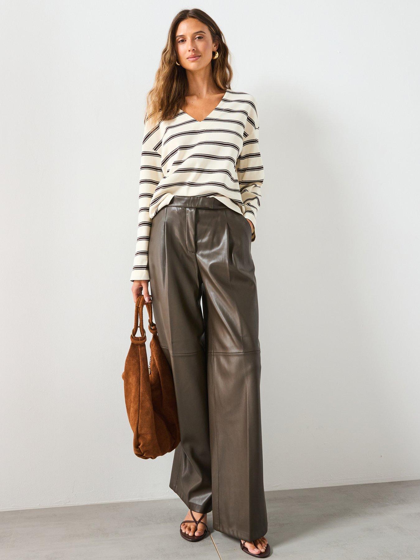 Image 3 of 5 of Mango Leather Effect Wide Leg Trousers - Khaki