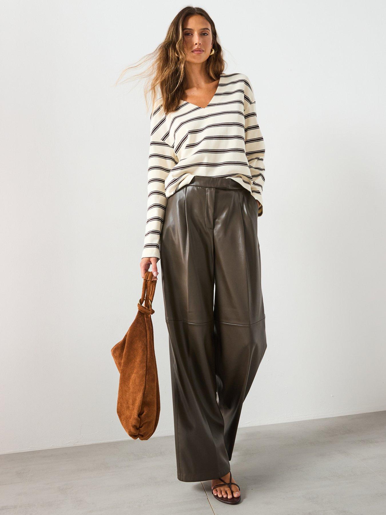 Image 5 of 5 of Mango Leather Effect Wide Leg Trousers - Khaki