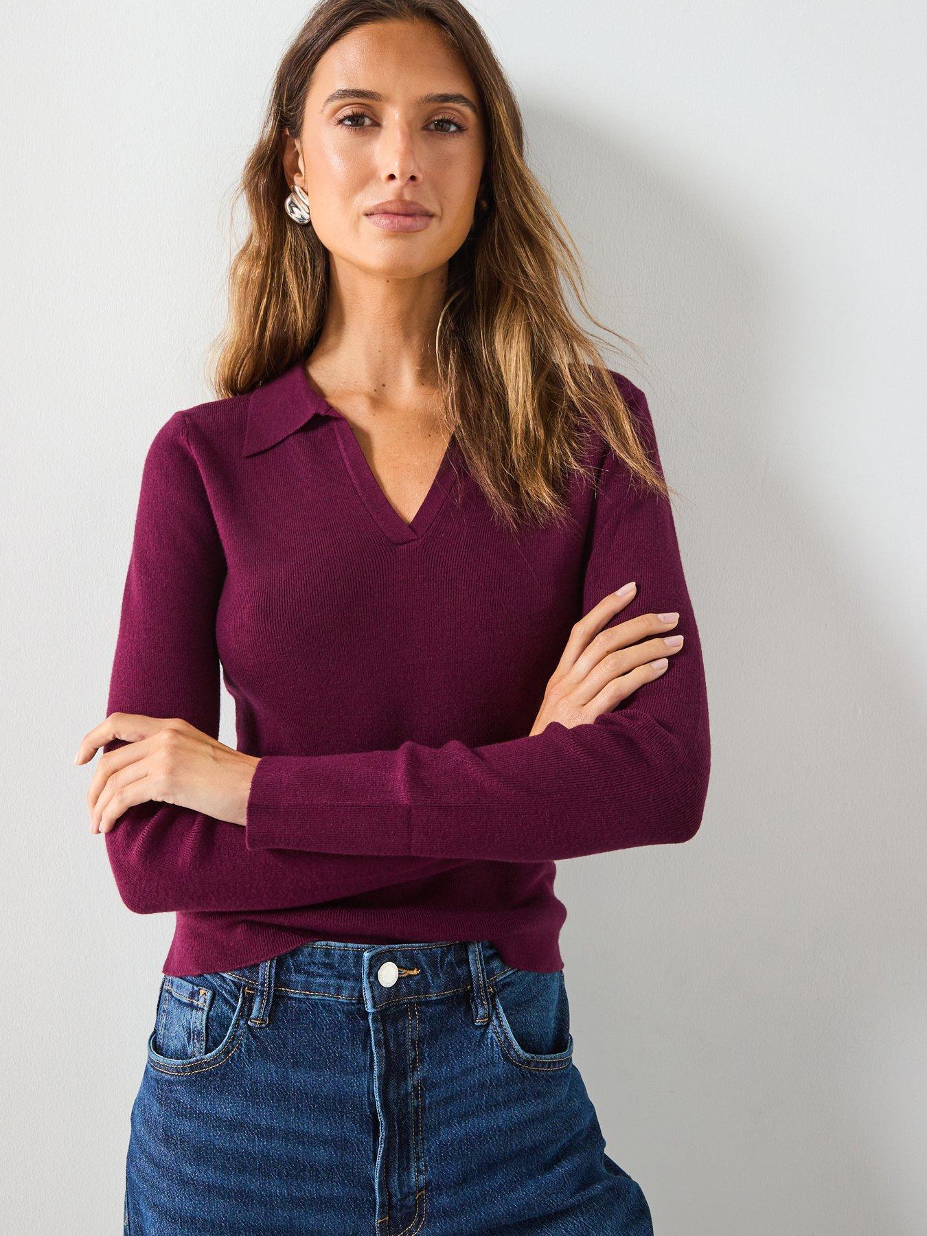 Mango Long Sleeved Polo Collar Sweater - Purple