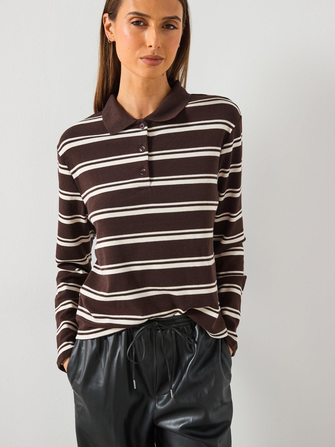 Mango Striped Polo Neck T-Shirt Brown Very