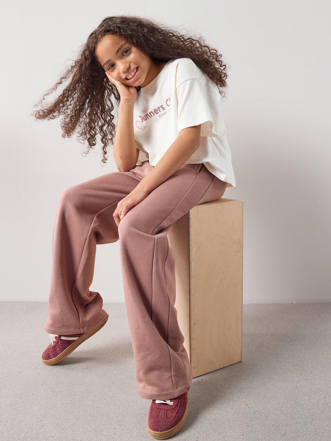 The Very Collection Girls Wide Leg Trousers With Slogan T-Shirt - Pink