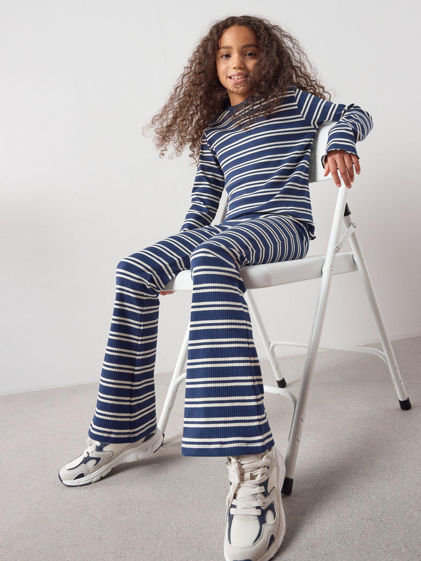 The Very Collection Girls Rib Stripe Long Sleeve Wide Leg Set - Navy