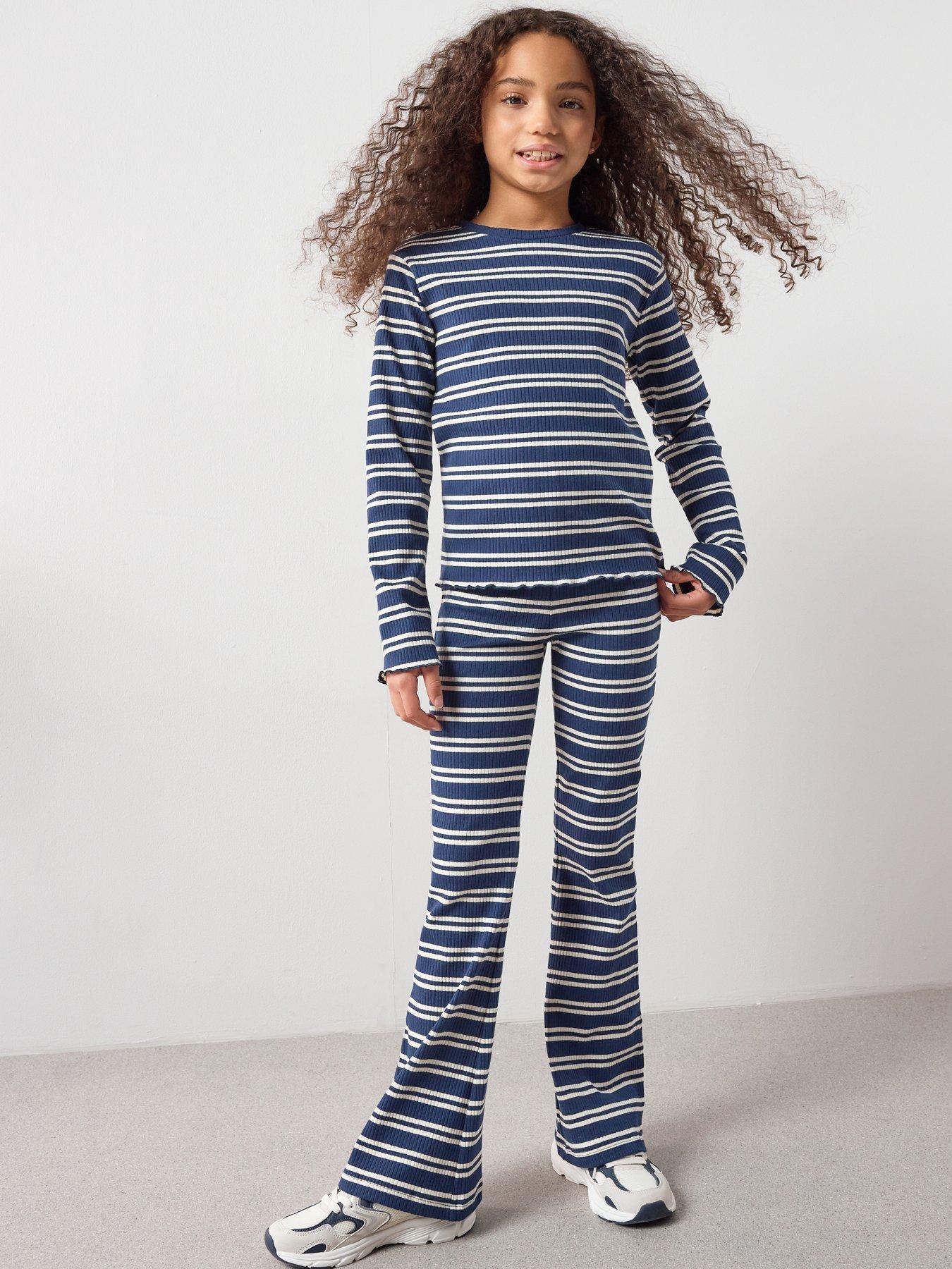 The Very Collection Girls Rib Stripe Long Sleeve Wide Leg Set - Navy | Very