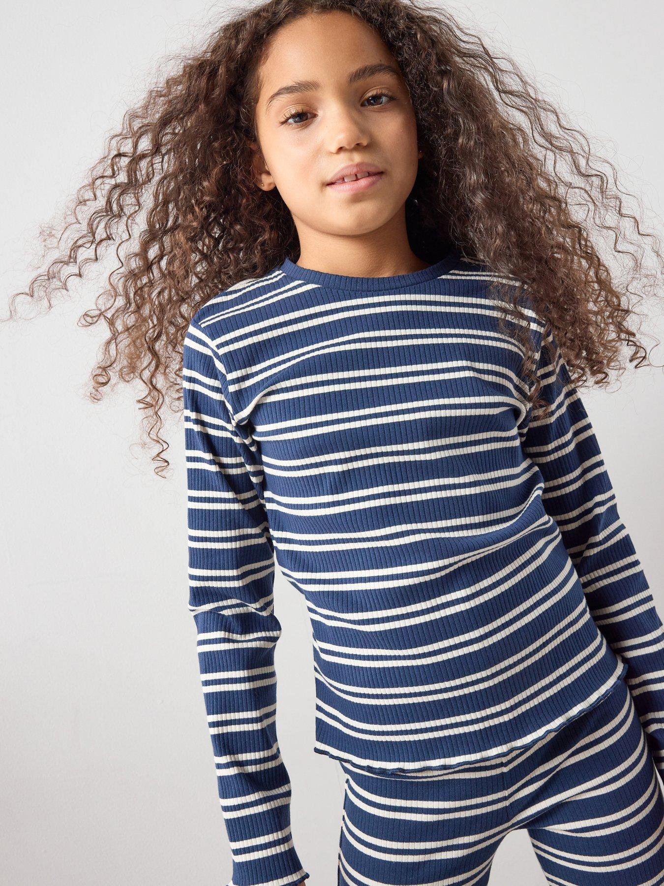 The Very Collection Girls Rib Stripe Long Sleeve Wide Leg Set - Navy | Very