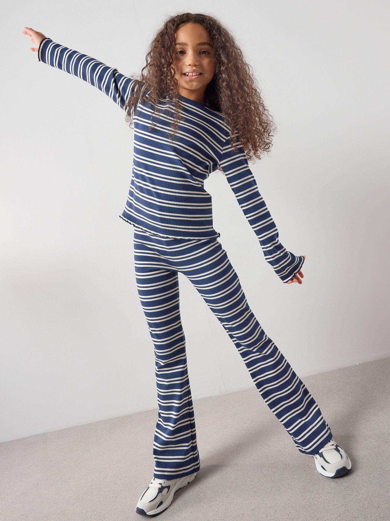 The Very Collection Girls Rib Stripe Long Sleeve Wide Leg Set - Navy | Very