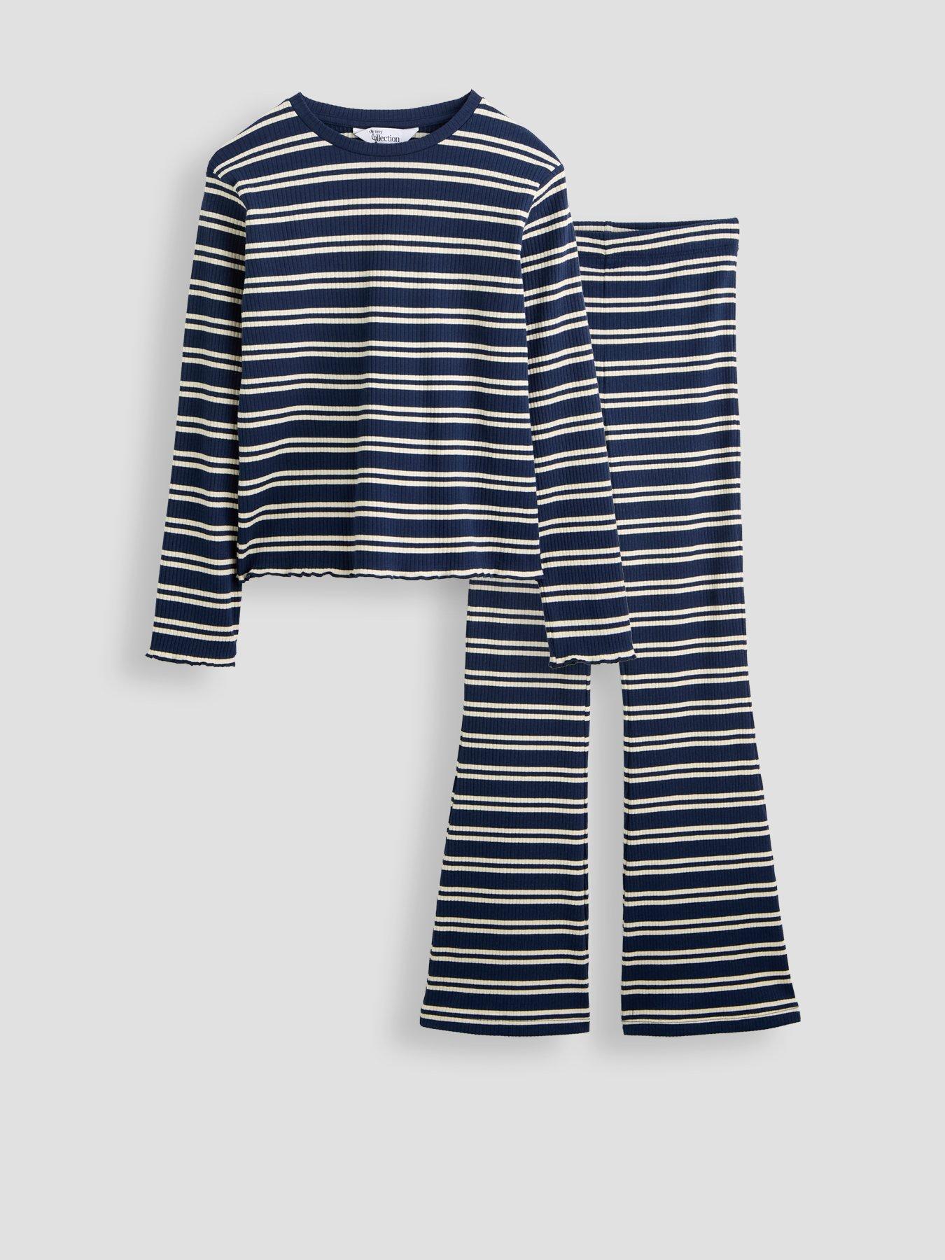 The Very Collection Girls Rib Stripe Long Sleeve Wide Leg Set - Navy | Very