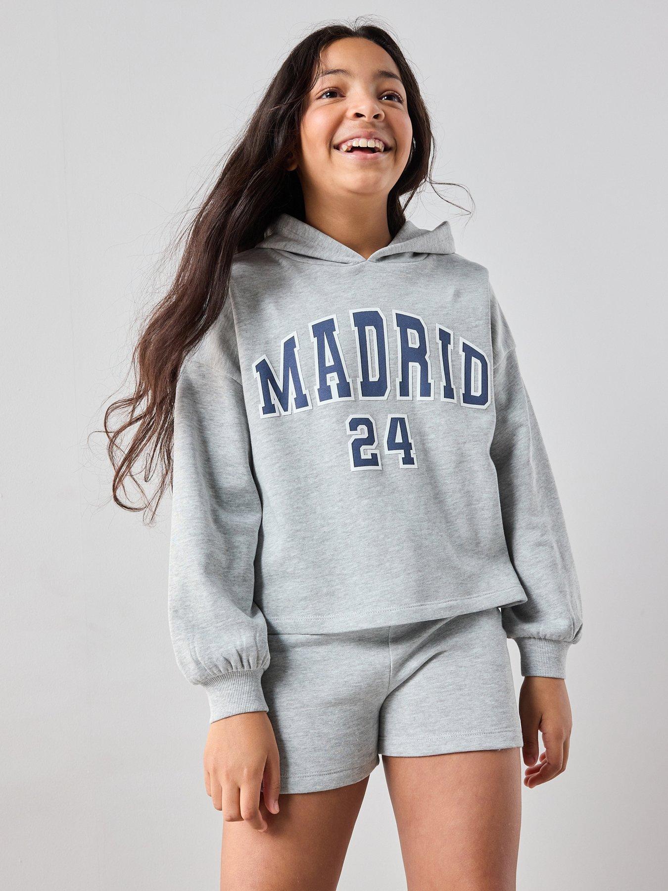 Image 1 of 5 of The Very Collection Girls Sweat Hoodie And Shorts Madrid Slogan Set - Grey
