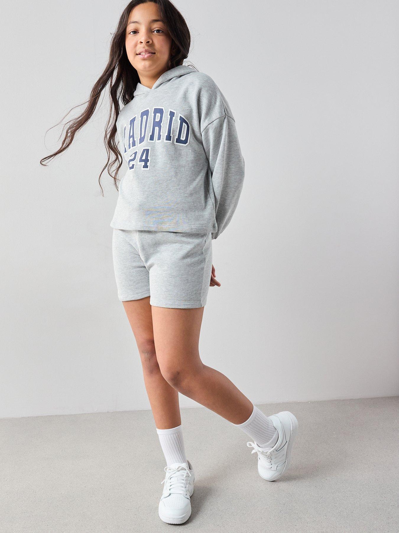Image 3 of 5 of The Very Collection Girls Sweat Hoodie And Shorts Madrid Slogan Set - Grey