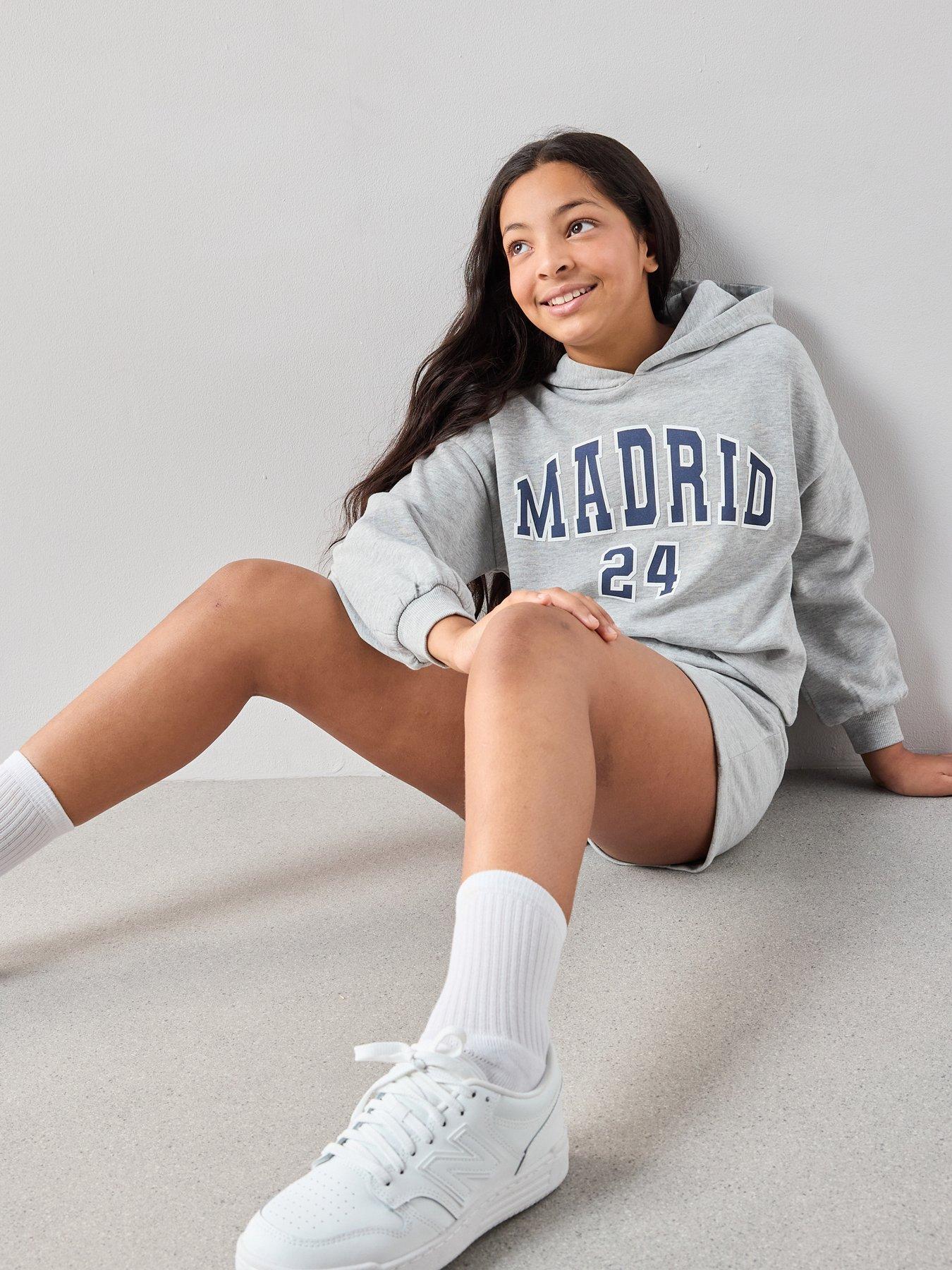 Image 5 of 5 of The Very Collection Girls Sweat Hoodie And Shorts Madrid Slogan Set - Grey