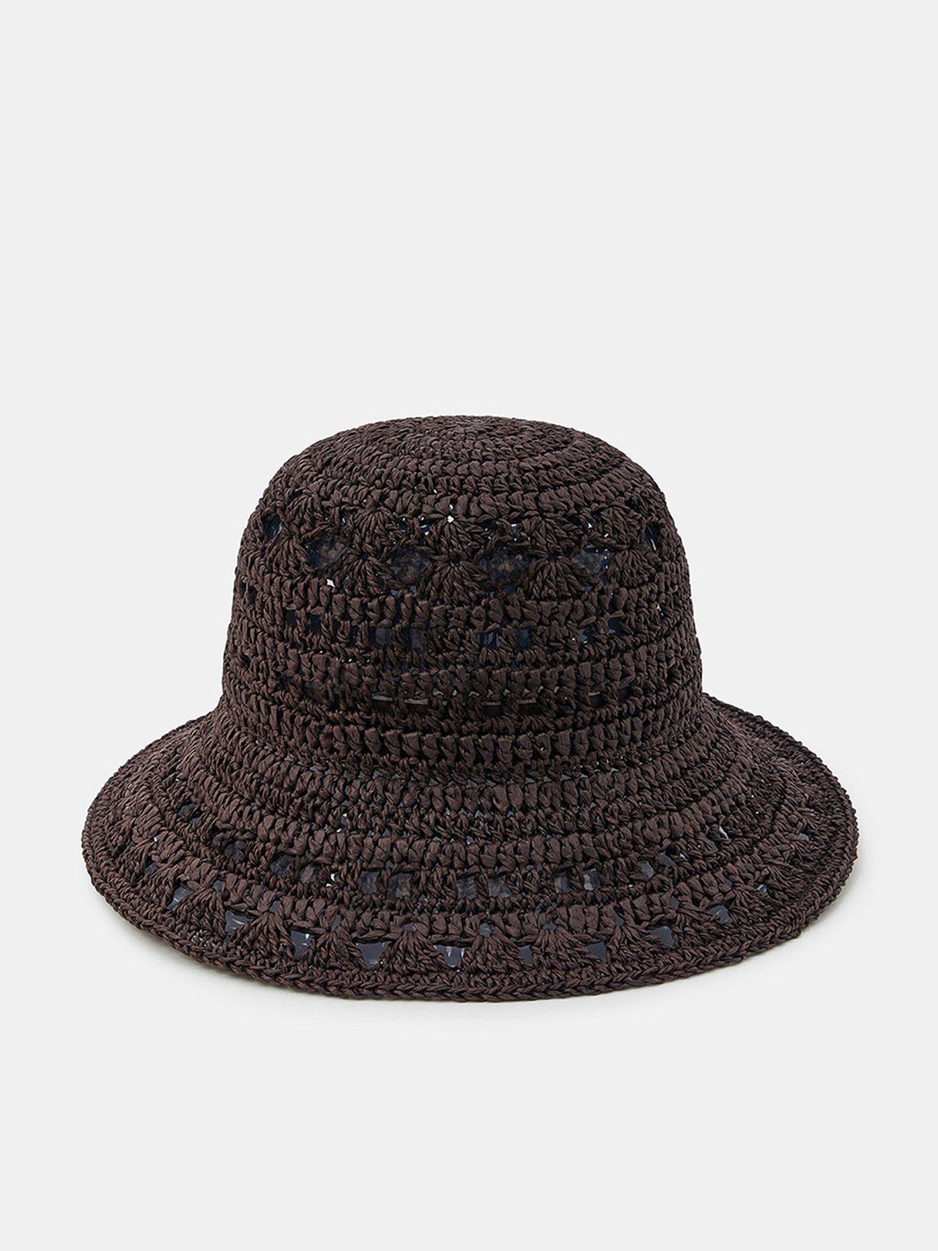 Image 1 of 3 of Accessorize Crochet Raffia Bucket Hat - Brown