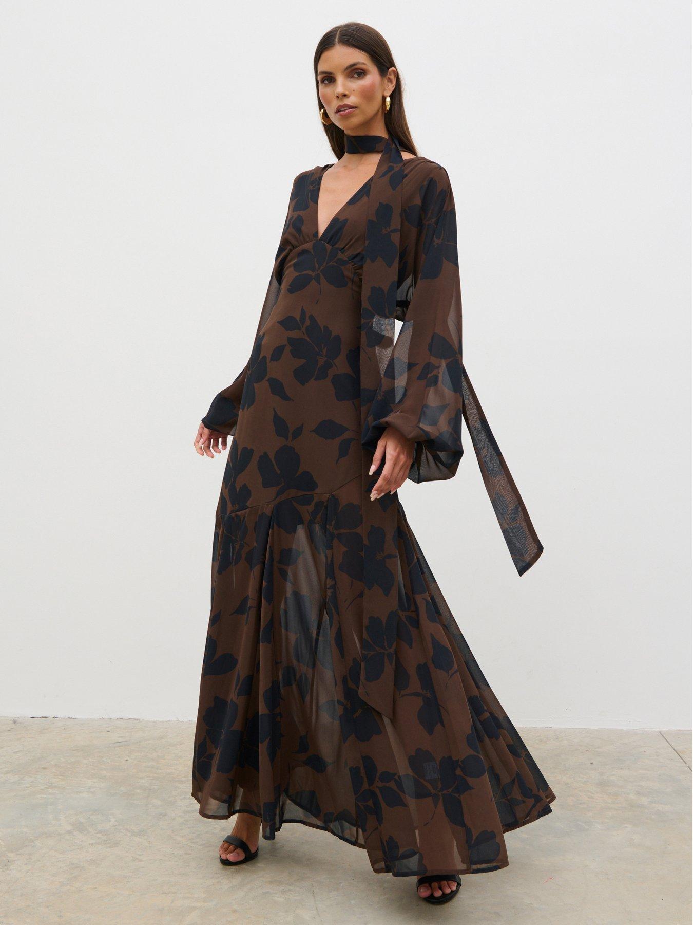 Pretty Lavish Petula Batwing Scarf Maxi Dress - Brown