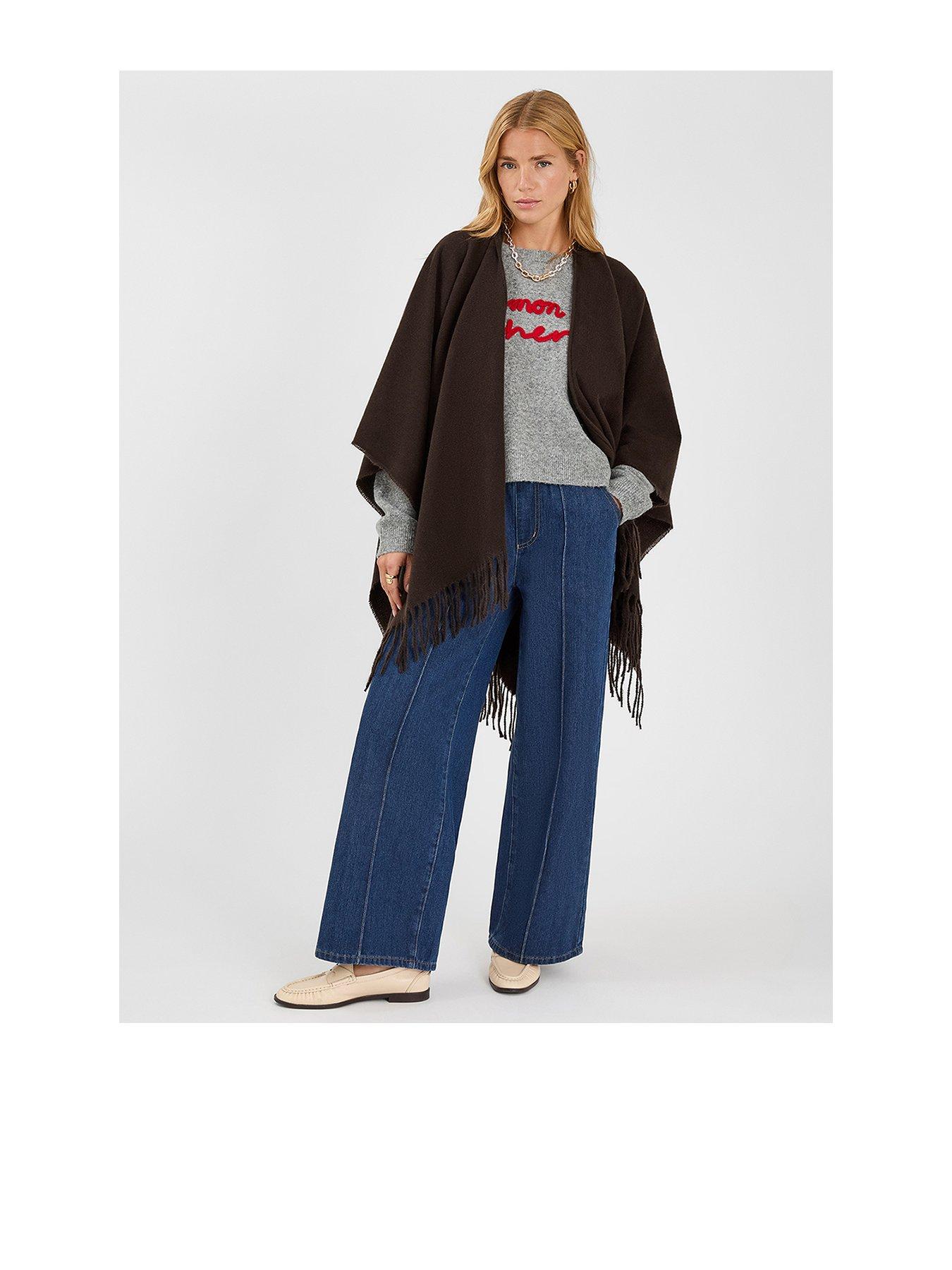 Accessorize Fringe Trim Poncho - Brown