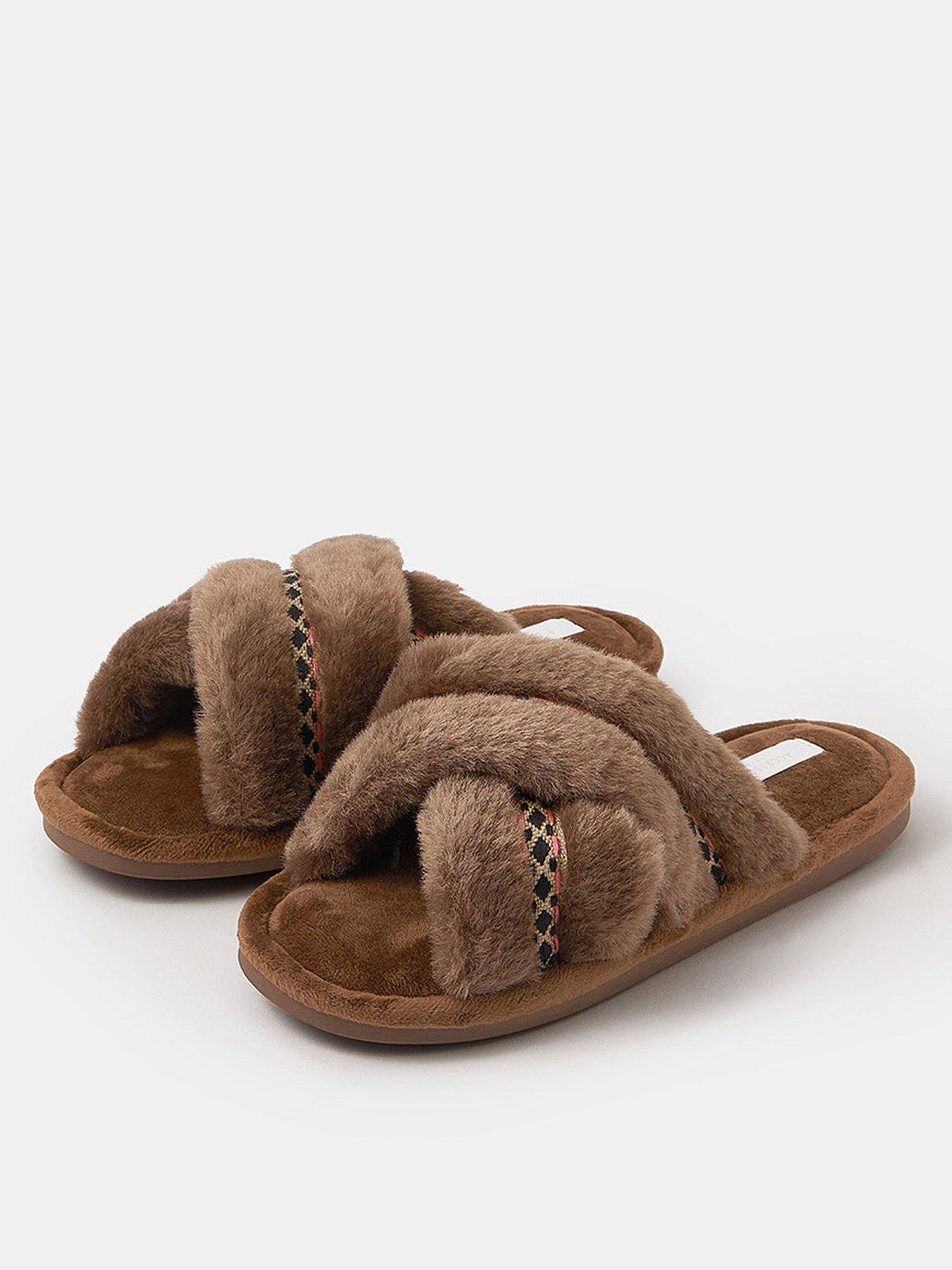 Accessorize Fluffy Braid Crossover Slide Slippers Brown Very