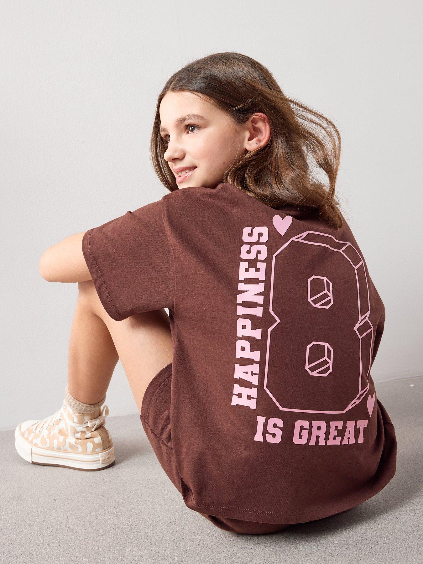 The Very Collection Girls Back Print Short Sleeve T-Shirt And Shorts Set - Brown