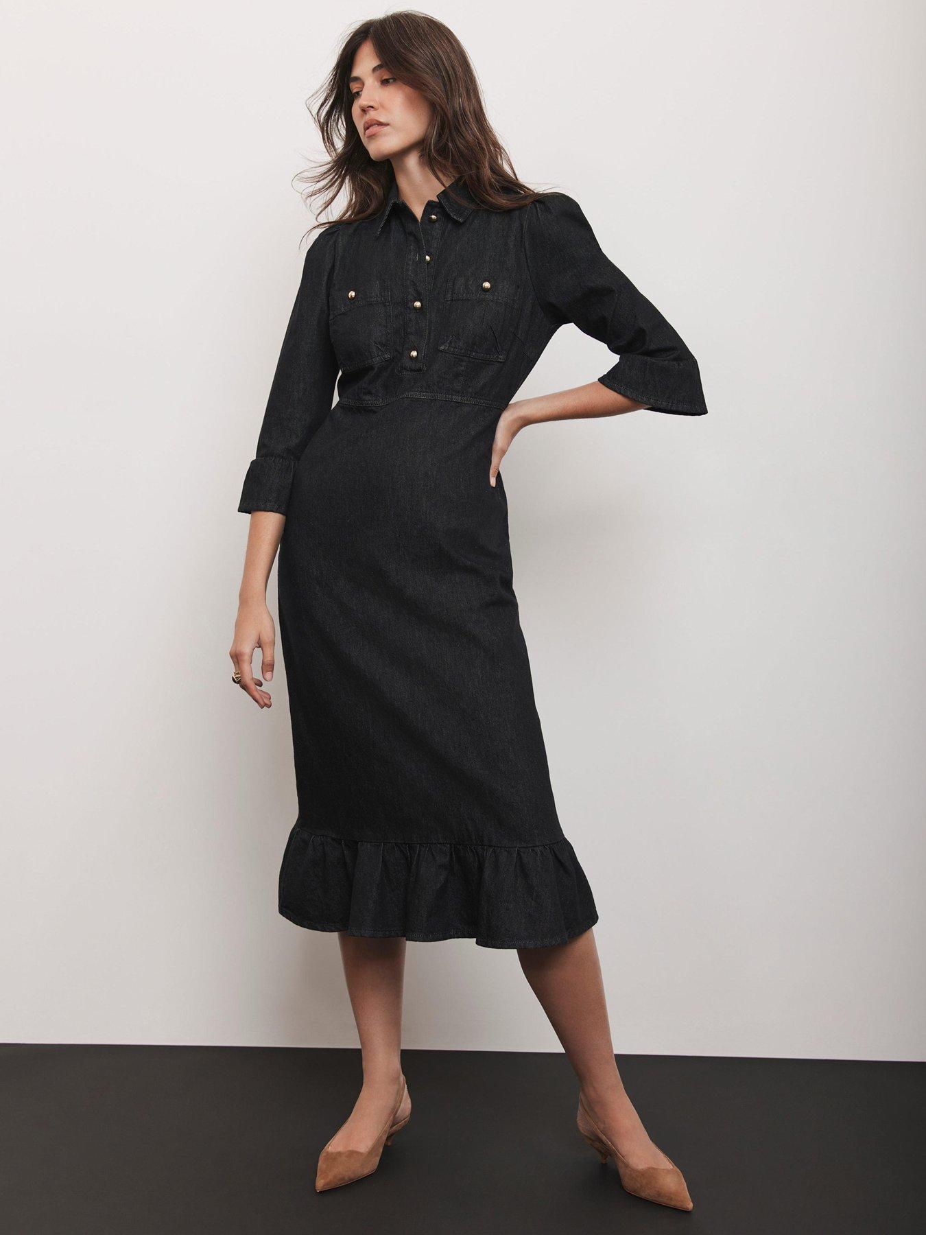 Mint Velvet Frill Denim Midi Dress - Black