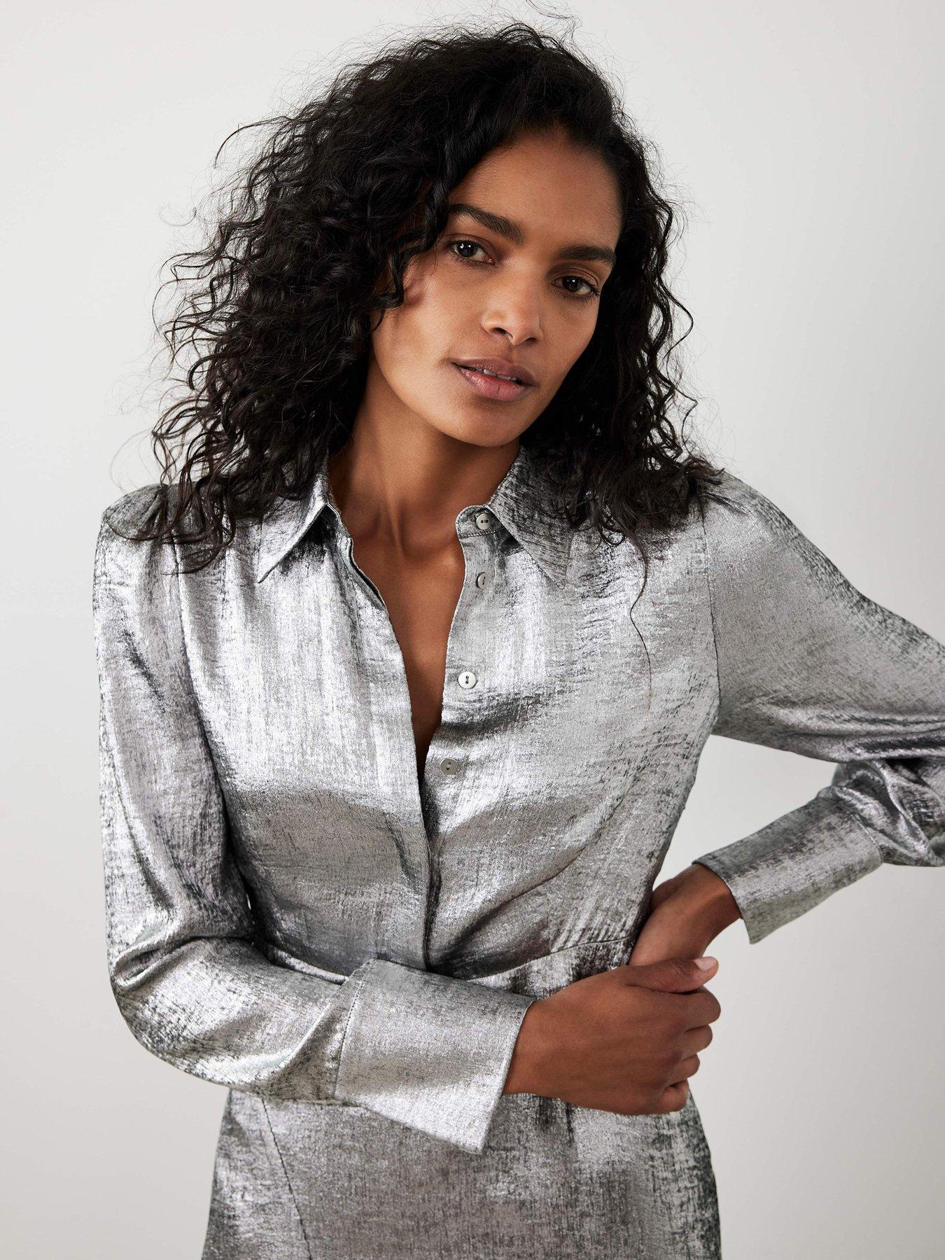 Mint Velvet Metallic Shirt Dress - Silver | Very