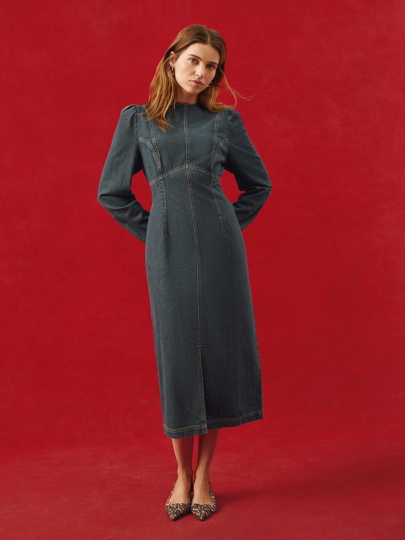 column denim dress Dark Blue Denim Sleeveless Stretch Column Midi Dress
