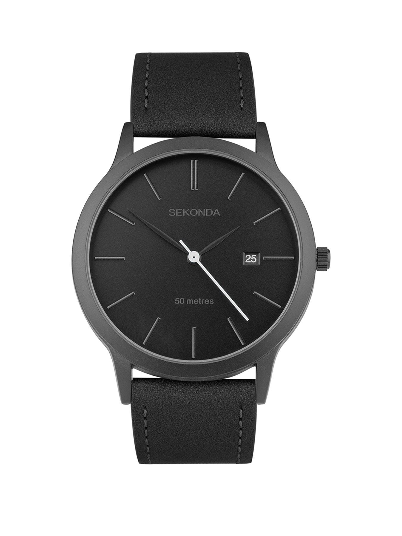 Sekonda Mens Bergen Black Leather Strap with Black Dial Analogue Watch