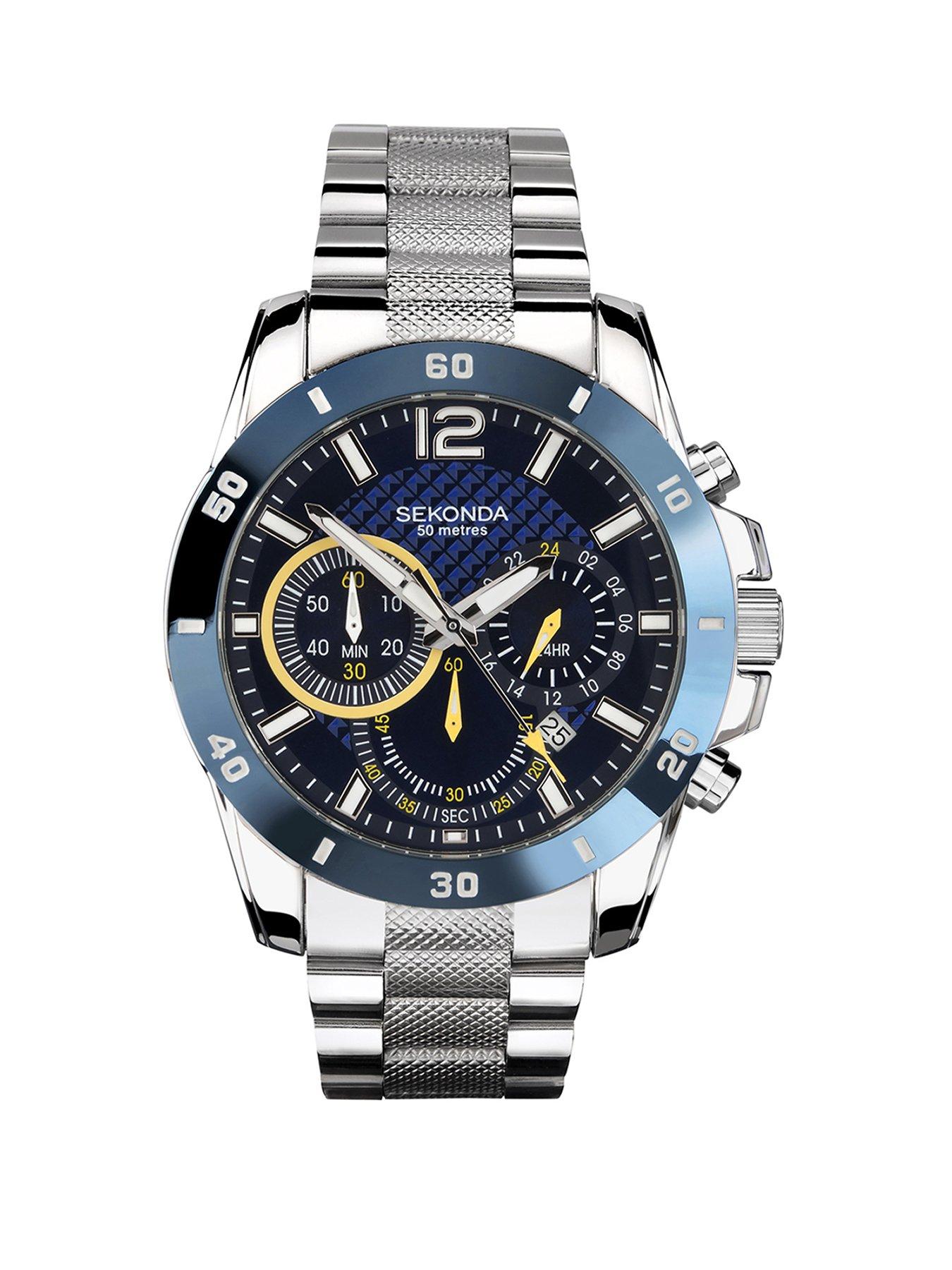 Sekonda Mens Solo Silver Stainless Steel Bracelet with Blue Dial Chronograph Watch
