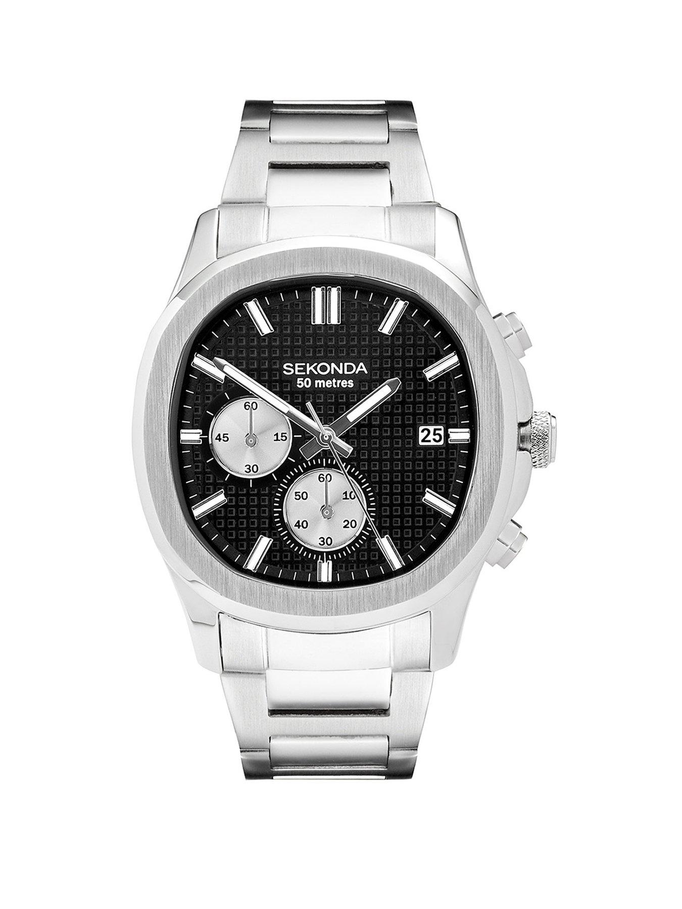 Sekonda Mens Octaire Silver Stainless Steel Bracelet with Black Dial Chronograph Watch