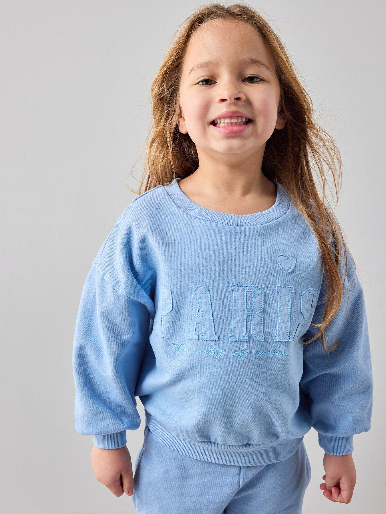 The Very Collection Girls Paris Slogan Acid Wash Sweatshirt and Joggers Set - Blue